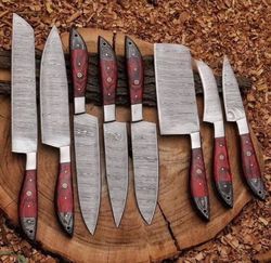 8 pcs damascus steel kitchen chef utility knife handmade chef set of 8pcs with leather cover, kitchen knives set