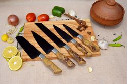 handmade damacus steel chef set of 5pcs with leather steel knife set, steel chef knife, full kitchen knife set
