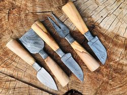 Handmade Damascus cheese knife set of 5 with Olive Wood Handle knives