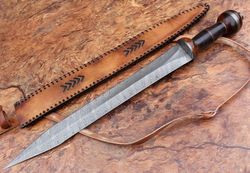 Custom Handmade Damascus Steel Double Edge Sword Handle Rosewood With Leather Sheath