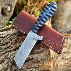 Handmade Damascus Steel Bull Cutter Cowboy Knife Camping Hunting Survival Outdoor Knife With Leather Sheath Cover