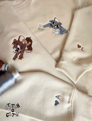 Embroidered mouse and cat Couple Characters embroidered Sweatshirt, embroidered Hoodie, Personalized Couple Sweatshirt,