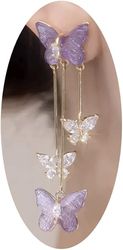 Purple Butterfly Tassel Earrings for Women Crystal Butterfly Zircon Earrings 3D Long Butterfly Earrings Purple Earrings