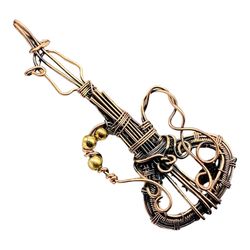 Mystical Serenade: Rainbow Moonstone Copper Wire Wrapped Guitar Pendant for Musical Elegance and Ethereal Beauty