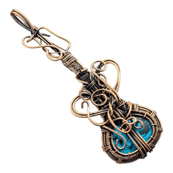 Sonic Serenity: Tibetan Turquoise Copper Wire Wrapped Guitar Pendant for Musical Elegance and Cultural Harmony
