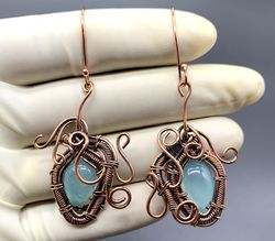 Copper Wire Wrapped Earrings with Gemstone - Calsia - Handcrafted Bohemian Jewelry