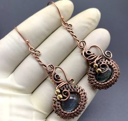 Copper Wire Wrapped Earrings with Labradorite Gemstone - Handcrafted Statement Jewelry