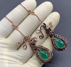 Copper Wire Wrapped Green Onyx Gemstone Earrings - Handcrafted Elegance Inspired by Nature