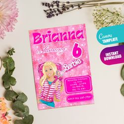 Barbie-inspired digital, editable, printable, and editable doll invitation template
