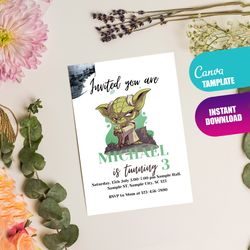 Digital Baby Yoda Birthday Party Invite, Printable Invitation,  Editable Baby Yoda Birthday Party Invitation Template