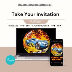 Instantly downloadable editable Hot Cars birthday party invitation templates, digital invites, and invitations to print