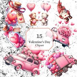 15 Valentine's Day Clipart Bundle, Red and Pink Valentine Graphics, Love Couple, Roses, Romantic PNG, Instant Digital Do