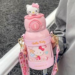 hellokitty water bottle with two cup lids and straw, cute water bottle, anti-fall portable insulated water bottle