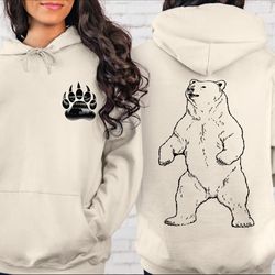 Bear Hoodie, Grizzly Bear Unisex Adult Sweatshirt, Animal Print,Pullover Hoodie, Bears Paw Pocket, Woodland Animal  SA24