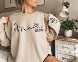 personalized mama sweatshirt with est date and kids name on sleeve, mothers day gift, custom sweater with children name,