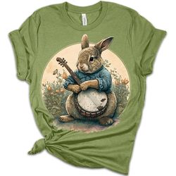 Bunny Rabbit Playing Banjo Shirt Easter Women Cottagecore Aesthetic T-Shirt, Easter Gifts, Easter Day, Easter Shirt for