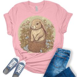 Womens Easter Bunny Shirt Cute Rabbit Easter Basket T Shirts Cottagecore Clothing Aesthetic Graphic Tees, Bunny Lover