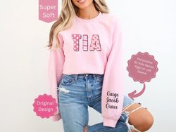 Custom Tia Sweatshirt with Kids Names on Sleeve, Personalized Valentines Day Shirt Gift for Aunt, Auntie Shirt with Niec