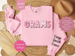 Personalized GRAMS Sweatshirt with Grandkids Names, Custom GRAMS Shirt with Names on Sleeve, Gift for Grams, Grams Valen