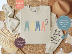 Personalized MAMA of Five Sweatshirt with Kids Names, Custom MAMA Shirt with Sleeve Print, Gift for Mom, Mother of 5 Swe