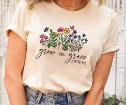 Christian Tee, Grow in Grace with Wildflowers design on premium unisex shirt, 2X, 3X, Christian plus size