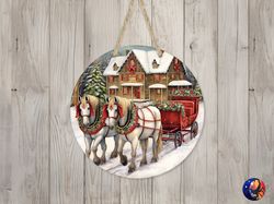 Christmas Horses  Carriage Sign Round Door Hanger Design, Christmas 12 inch Sublimation Design, Sign Round, PNG File, Di