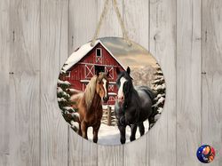 Country Christmas  Horses Sign Round Door Hanger Design, Christmas 12 inch Sublimation Design, Sign Round, PNG File, Dig