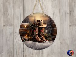 Country Western Boots  Hat Sign Round Door Hanger Design, Christmas 12 inch Sublimation Design, Sign Round, PNG File, Di