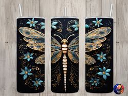 Seamless 3D Gold  Blue Dragonfly Design, Dragonfly 20 oz Skinny Straight Tumbler Sublimation Design, Tumbler Wrap, PNG D