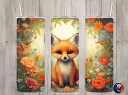 Seamless Cute Baby Fox  Floral Design, Fox 20 oz Skinny Straight Tumbler Sublimation Design, Tumbler Wrap, PNG File, Dig