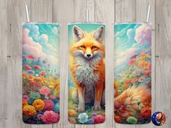 seamless cute fox  floral landscape design, fox 20 oz skinny straight tumbler sublimation design, tumbler wrap, png file