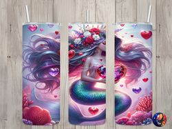Seamless Cute Mermaid  Gem Hearts Design, Valentines 20 oz Skinny Straight Tumbler Sublimation Design, Tumbler Wrap, PNG