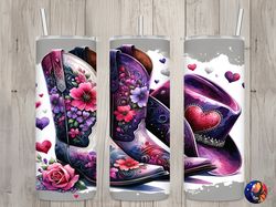 seamless floral cowgirl boots  hat design, valentines 20 oz skinny straight tumbler sublimation design, tumbler wrap, pn