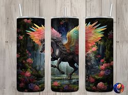 Seamless Rainbow Black Pegasus Floral Design, Pegasus 20 oz Skinny Straight Tumbler Sublimation Design, Tumbler Wrap, PN