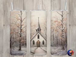 seamless rustic church  winter landscape design, winter 20oz skinny straight tumbler sublimation design, tumbler wrap, p