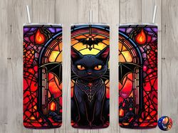 Seamless Stained Glass Black Cat Bat Design, Halloween 20 oz Skinny Straight Tumbler Sublimation Design, Tumbler Wrap, P