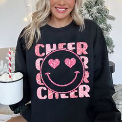 Cheer Valentine Smiley Face Glitter PNG, Valentines Day Sublimation, Valentine Vibes Png, Faux Embroidery Sublimation, C
