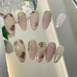 Frosted Powder 3D Gel Shell Press On Nails/Floral Short Almond Chrome Metallic Silver Fake Nails/Free Style Elegant Birt