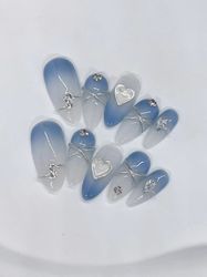 Gray-blue fog ombre and Pearl heart Press On Nails/blue Fancy Nails/Princess Nails/Elegant Nail/ Cute girl Nails/3D nail