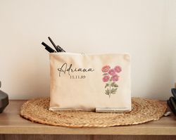 Birth Month Flower Personalized makeup bag Christmas Gift for her, Cosmetic bag, birthday gift, bachelorette Bridesmaid