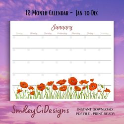 Red Poppies , Flowers , 12 Month Calendar , 2 Styles , PDF , Digital File , Print Ready , Printable , Undated , Monthly