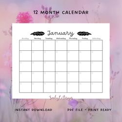 Starry Feathers Calendar , 12 Month , PDF , Digital Download , Printable , Undated , Blank , Monthly , Yearly