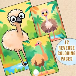 Learn About Ostriches with Reverse Coloring Pages | Stress Relief Activity