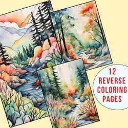 12 Stunning Nature Scenes Await Your Colors! Reverse Coloring Pages for all ages