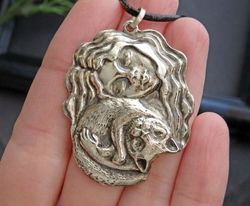 Girl and cat pendant, Cat lover, handmade jewelry