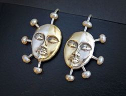 Silver earrings Tandem, earrings with pearl, mix metal jewelry, bimetallic earring, girl's face