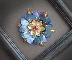 Large women's titanium brooch Flower with garnet, coat brooch, blue jewelry, flower brooch
