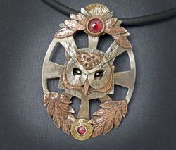 Mask pendant, Owl pendant, garnet jewelry,