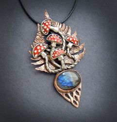 Pendant Amanitas, mushrooms jewelry, copper jewelry, labradorite pendant