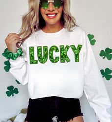 Lucky St Patricks Day Faux Glitter Sequin Png, Lucky Sublimation, St Patricks Day Png, Lucky Disco Faux Embroidery Sequi